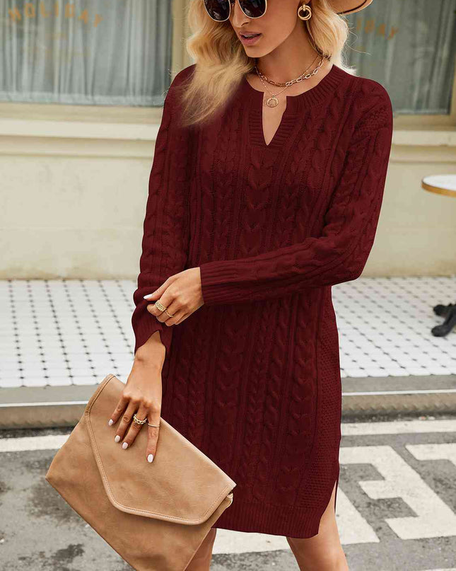 Notched Neck Cable-Knit Slit Sweater Dress