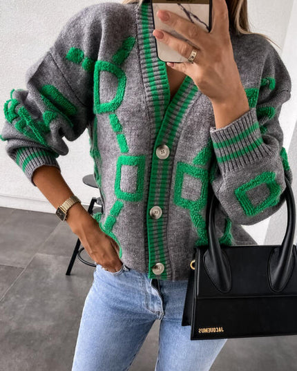 Geometric Dropped Shoulder Button Down Cardigan