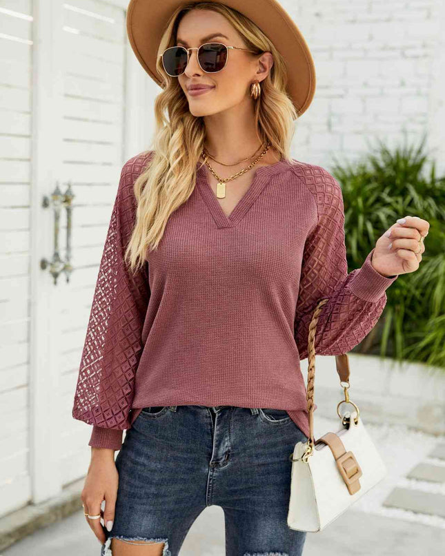 Waffle-Knit Spliced Lace Notched Top