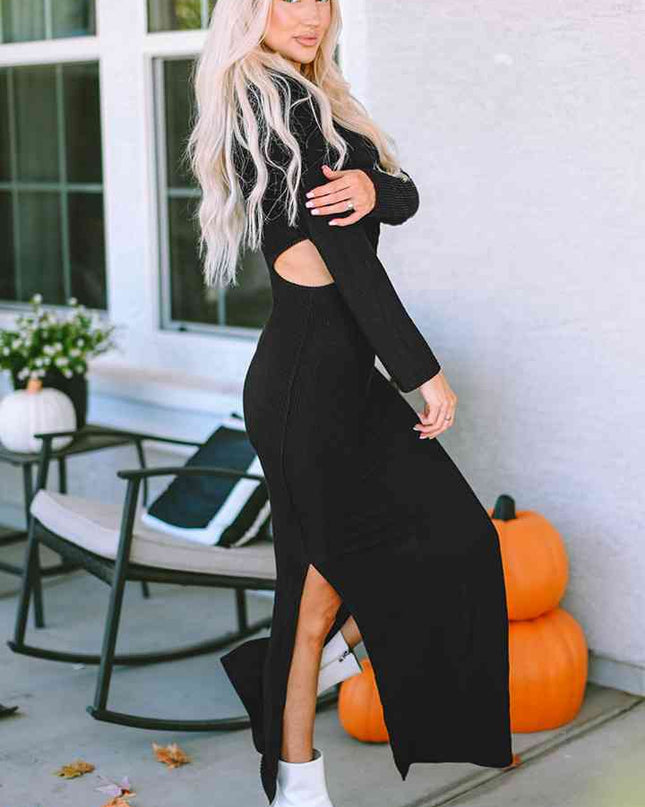 Cutout Round Neck Long Sleeve Slit Maxi Dress