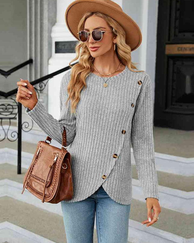 Round Neck Ribbed Button Detail Blouse