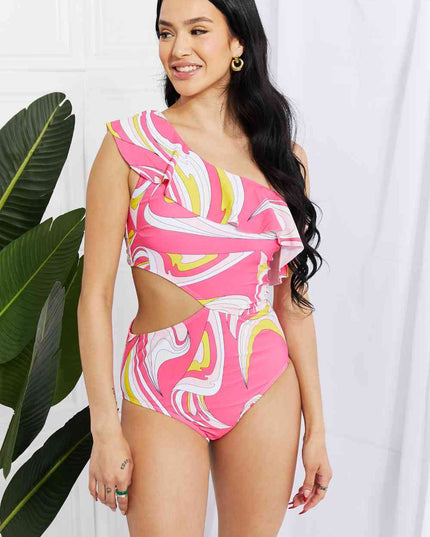 Marina West Swim Vitamin C Asymmetric Cutout Ruffle Swimsuit in Pink