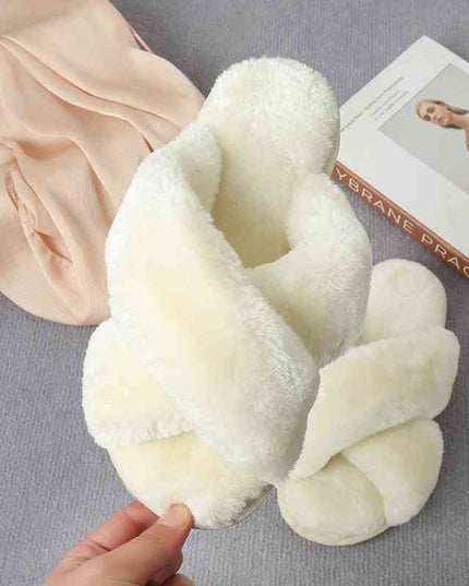 Faux Fur Crisscross Strap Slippers