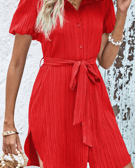 Textured Tie Belt Short Sleeve Dress