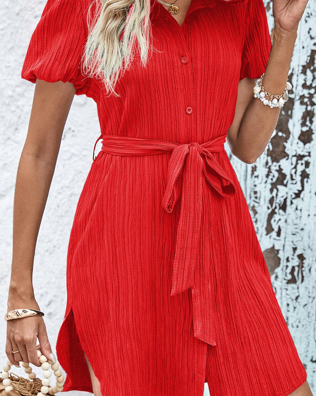 Textured Tie Belt Short Sleeve Dress