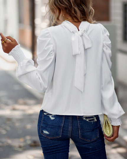 Tie-Back Puff Sleeve Mock Neck Blouse