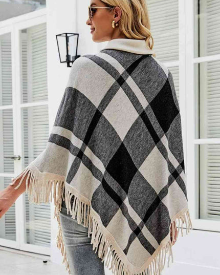 Plaid Turtleneck Fringe Hem Poncho
