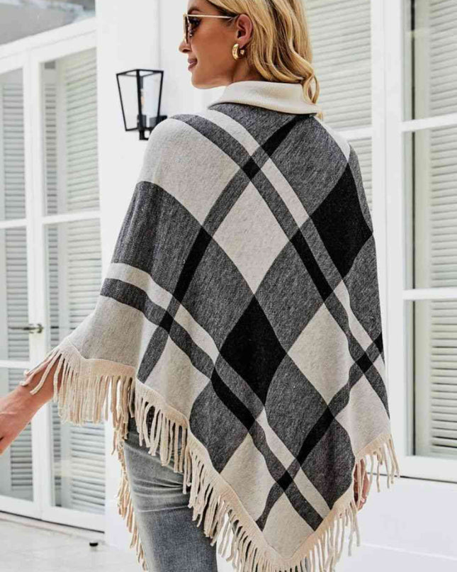 Plaid Turtleneck Fringe Hem Poncho