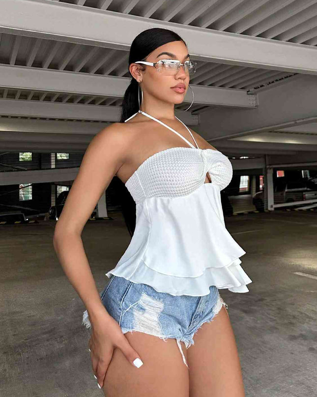 Waffle-Knit Cutout Halter Neck Layered Tank