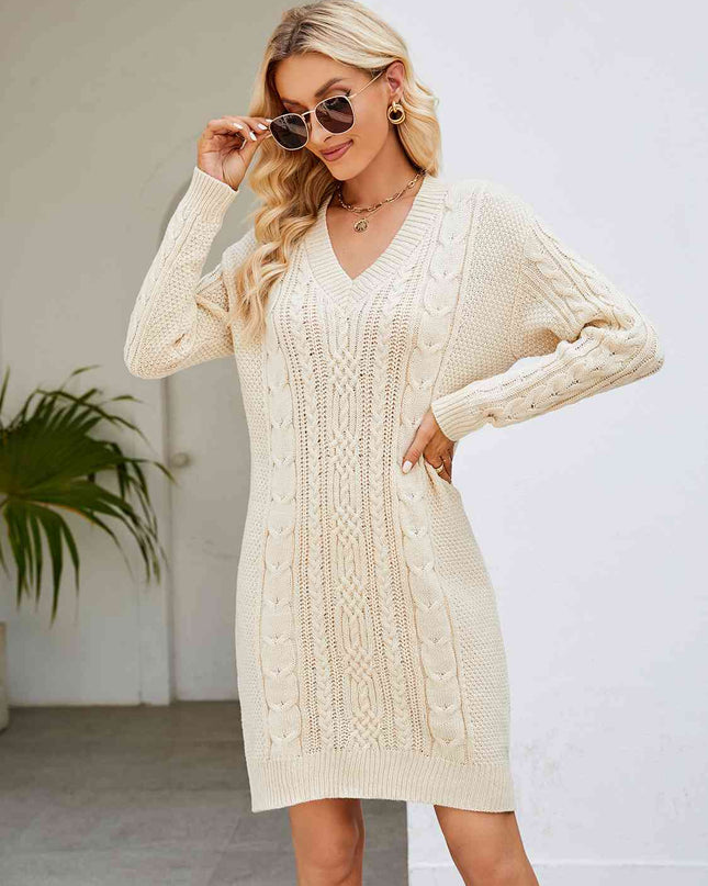Cable-Knit V-Neck Mini Sweater Dress