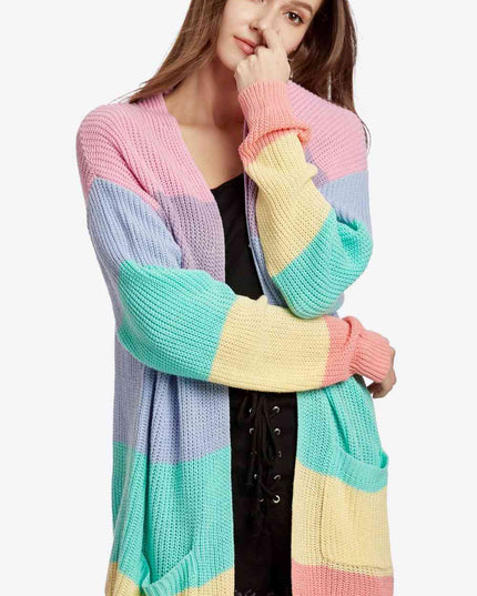 Color Block Open Front Drop Shoulder Cardigan with Pockets