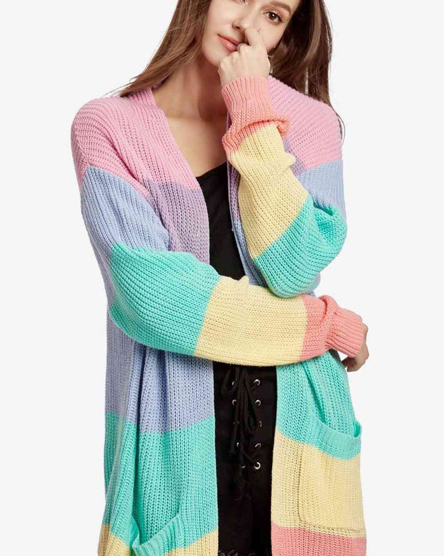 Color Block Open Front Drop Shoulder Cardigan with Pockets