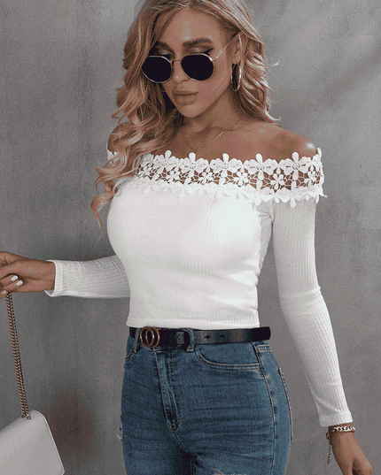 Off-Shoulder Lace Trim Ribbed Tee