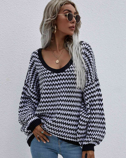 Striped Drop Shoulder V-Neck Pullover Sweater