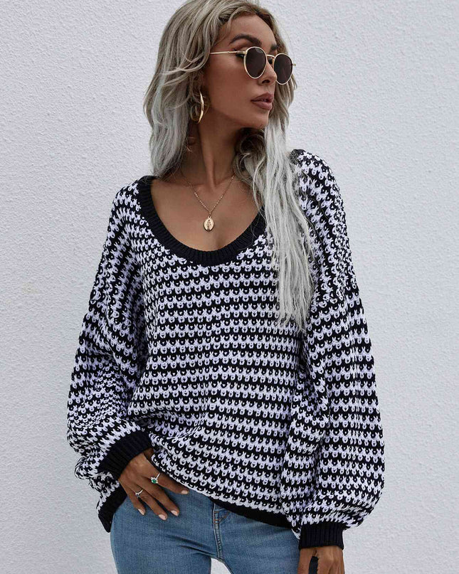 Striped Drop Shoulder V-Neck Pullover Sweater