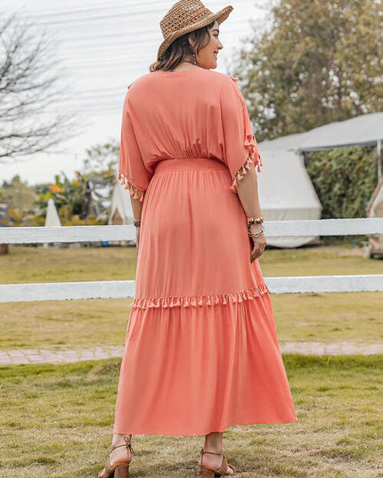 Plus Size Tassel Trim V-Neck Short Sleeve Ruffle Hem Dress