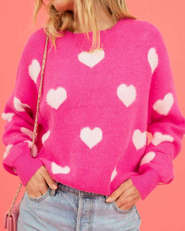 Heart Round Neck Drop Shoulder Sweater