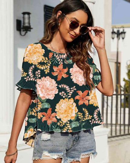 Floral Ruffled Flounce Sleeve Blouse
