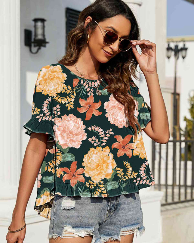 Floral Ruffled Flounce Sleeve Blouse