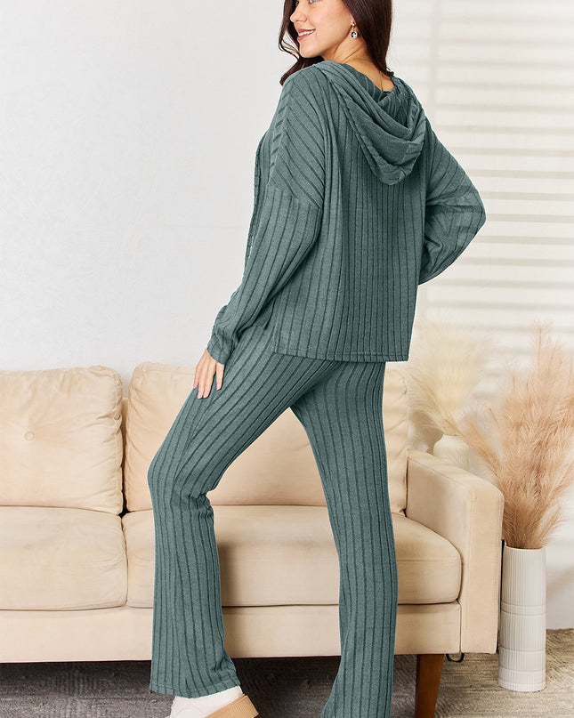 Basic Bae Full Size Ribbed Drawstring Hood Top and Straight Pants Set