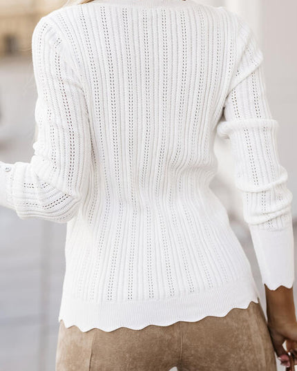Eyelet Buttoned Long Sleeve Knit Top
