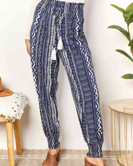 Double Take Geometric Print Tassel High-Rise Pants