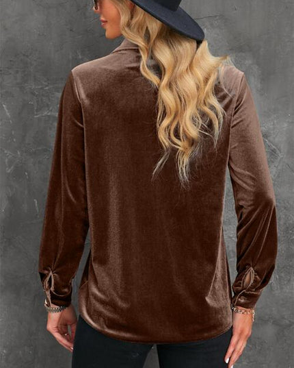 Button Up Collared Neck Long Sleeve Velvet Shirt