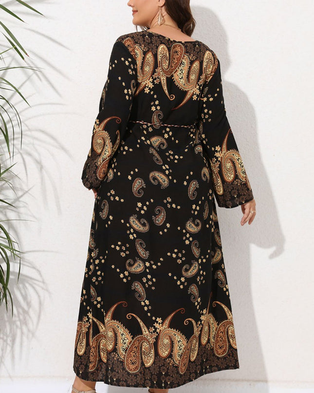 Full Size Tie Waist Round Neck Long Sleeve Midi Dress