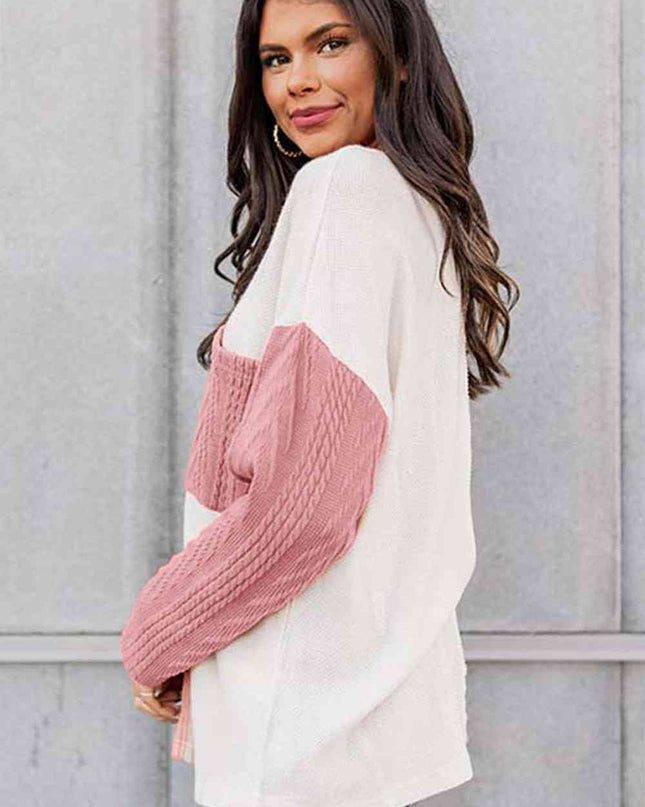 Full Size Color Block Cable-Knit Tops