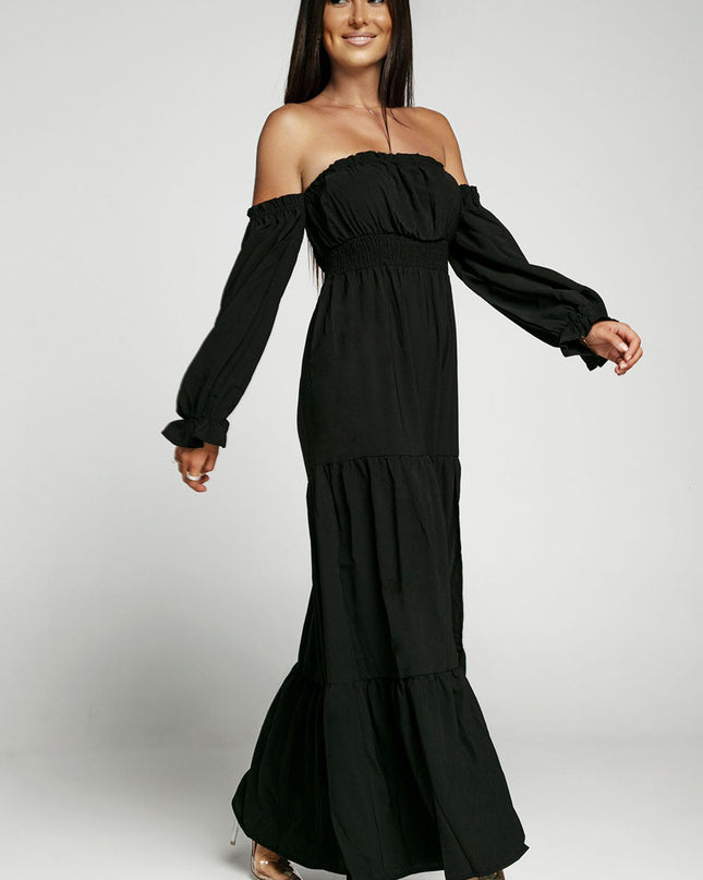 Off-Shoulder Smocked Split Tiered Maxi Dress