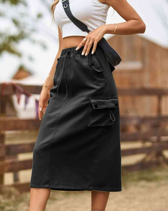 Drawstring Waist Slit Denim Skirt