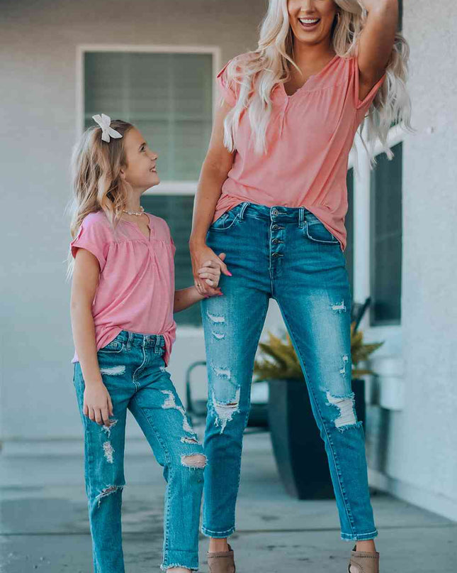 Women Buttoned Roll-Tab Sleeve Tee Shirt