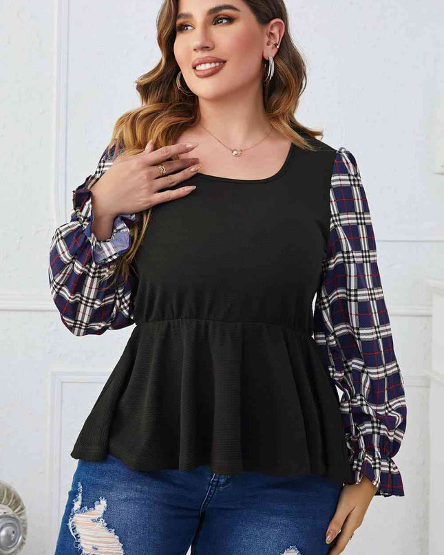 Melo Apparel Plus Size Plaid Print Square Neck Ruched Blouse