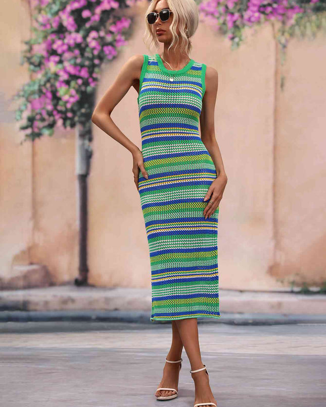 Striped Round Neck Sleeveless Midi Cover Up Dress