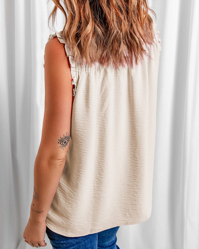 Buttoned Frill Trim Smocked Sleeveless Blouse