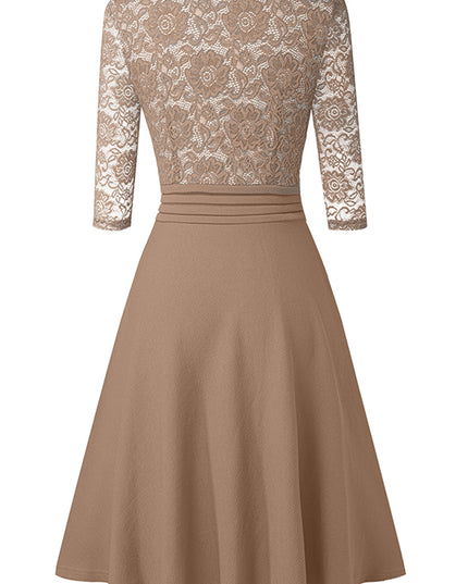 V-Neck Lace Detail Knee-Length Dress