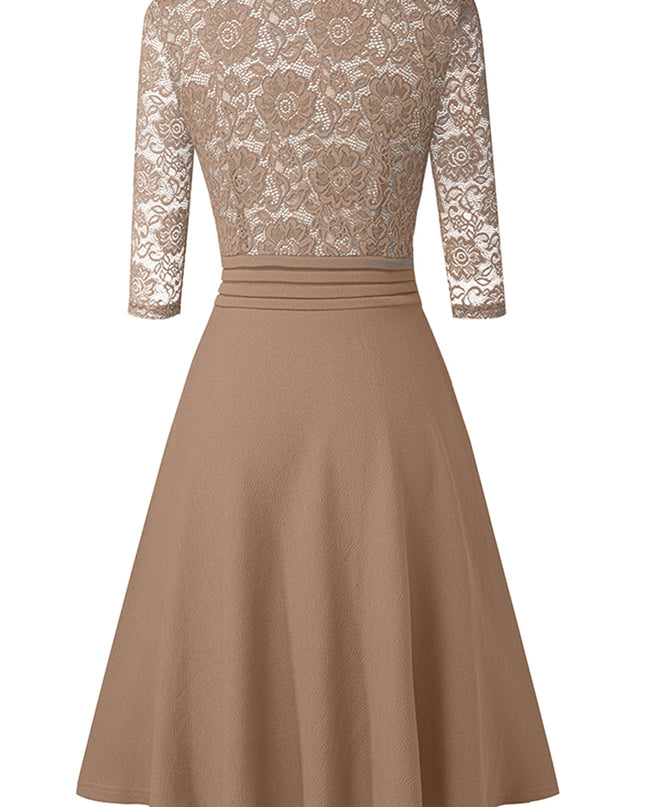 V-Neck Lace Detail Knee-Length Dress