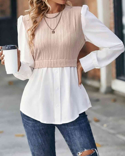 Contrast Round Neck Puff Sleeve Blouse