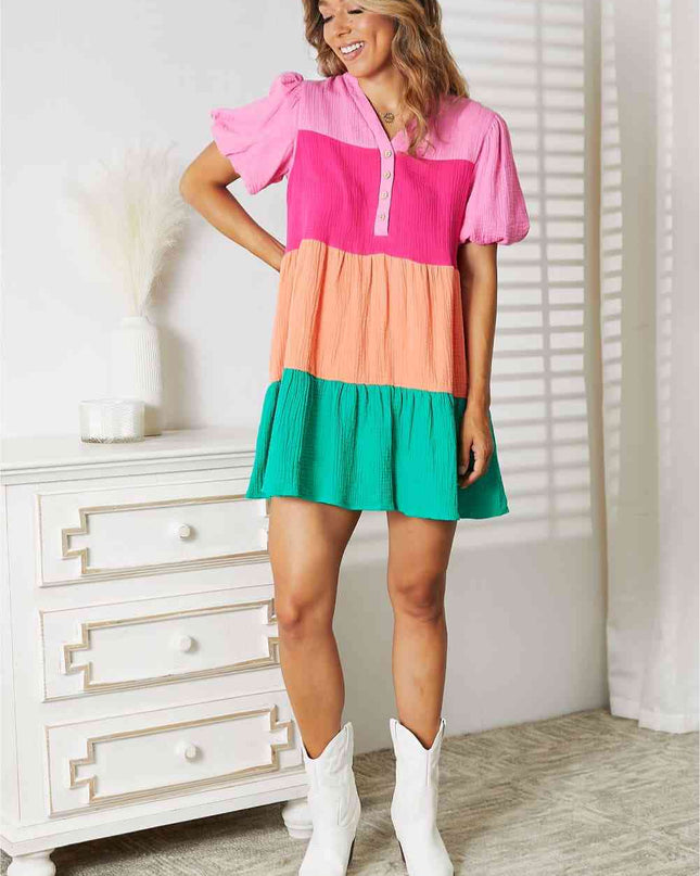 Double Take Color Block Buttoned Puff Sleeve Dress