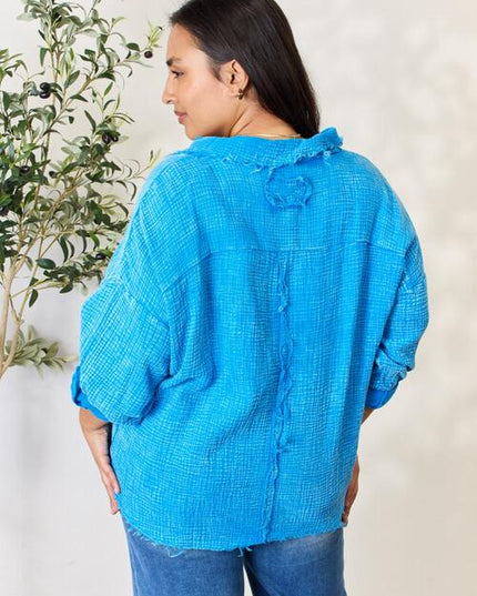 Zenana Full Size Washed Raw Trim Button Down Shirt