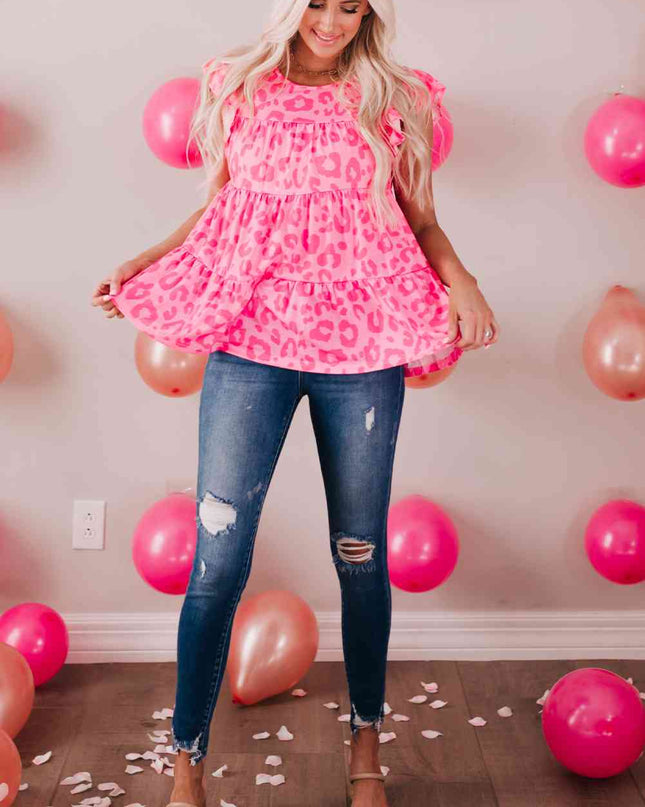 Leopard Round Neck Tiered Blouse