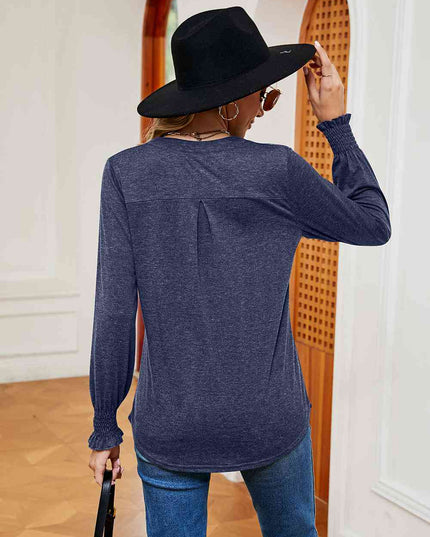 Notched Neck Long Sleeve Blouse