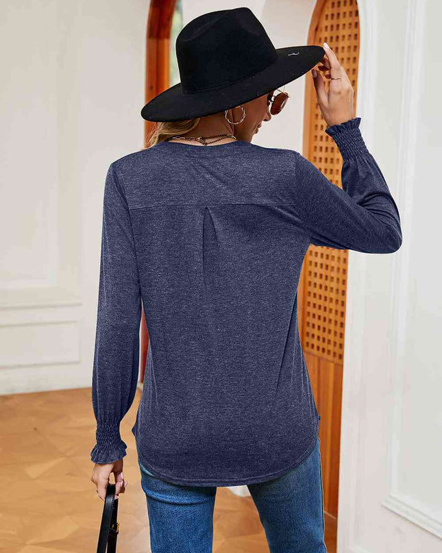 Notched Neck Long Sleeve Blouse