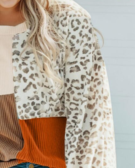 Plus Size Color Block Leopard Round Neck Top