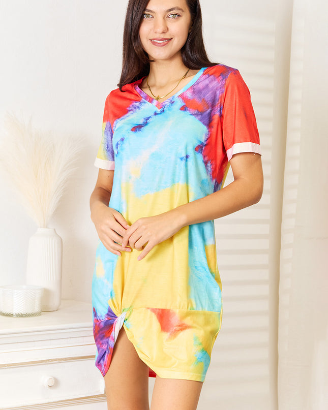 Double Take Tie-Dye V-Neck Twisted Dress