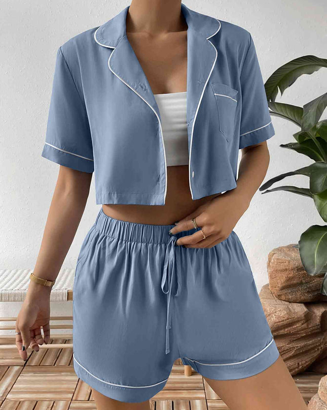 Contrast Lapel Collar Cropped Shirt and Shorts Lounge Set