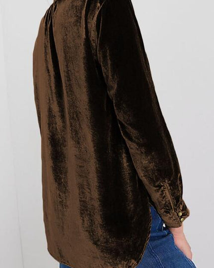 Notched Neck Buttoned Long Sleeve Velvet Blouse