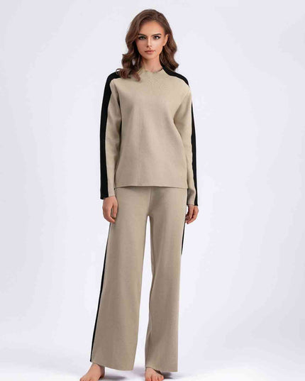Contrast Sweater and Knit Pants Set