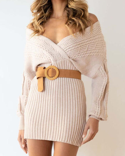 Surplice Neck Long Sleeve Sweater Dress