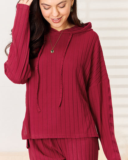 Basic Bae Full Size Ribbed Drawstring Hood Top and Straight Pants Set